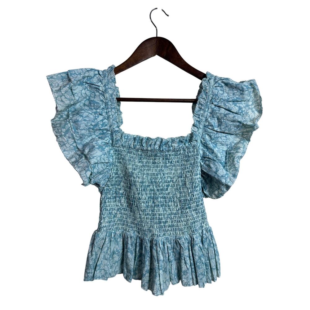 Love the Label Ruffle Sleeve Smocked Peplum Top size XS Blue Floral Cottagecore